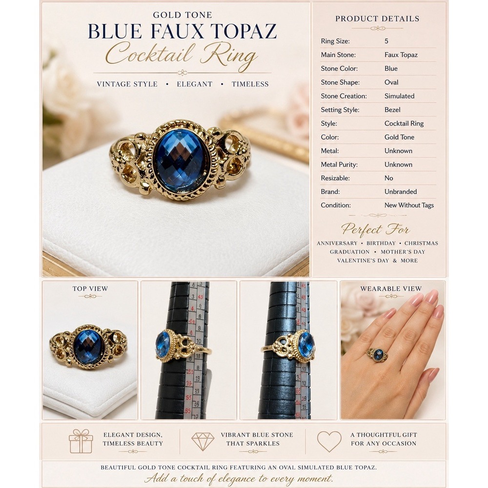 Gold Tone Blue Faux Topaz Cocktail Ring Size 5 Oval Simulated Stone NWOT